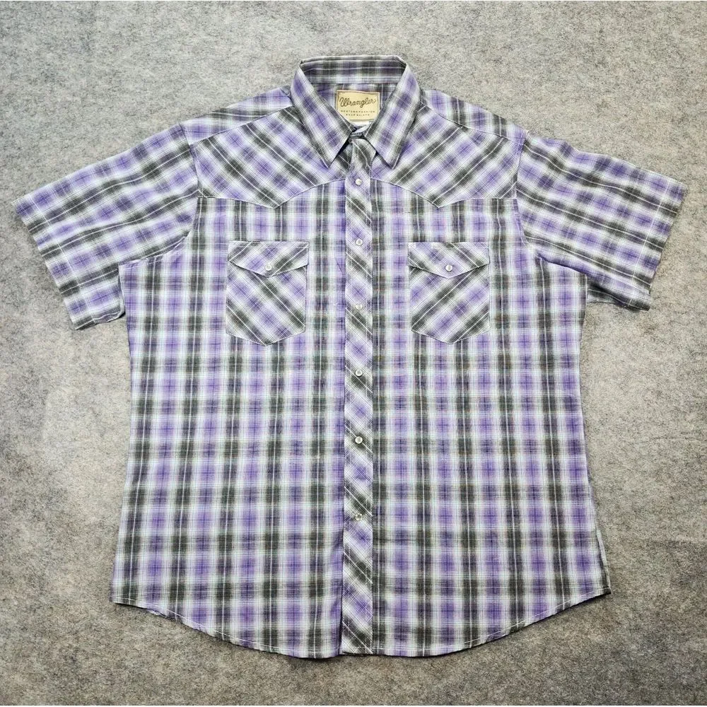 Wrangler Shirt Men XL Western Fashion Pearl Snap Purple Plaid Short‎ Sleeve